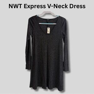 Express NWT Women’s V-Neck Long Sleeve Dress Heathered Black Sz M RTV $50